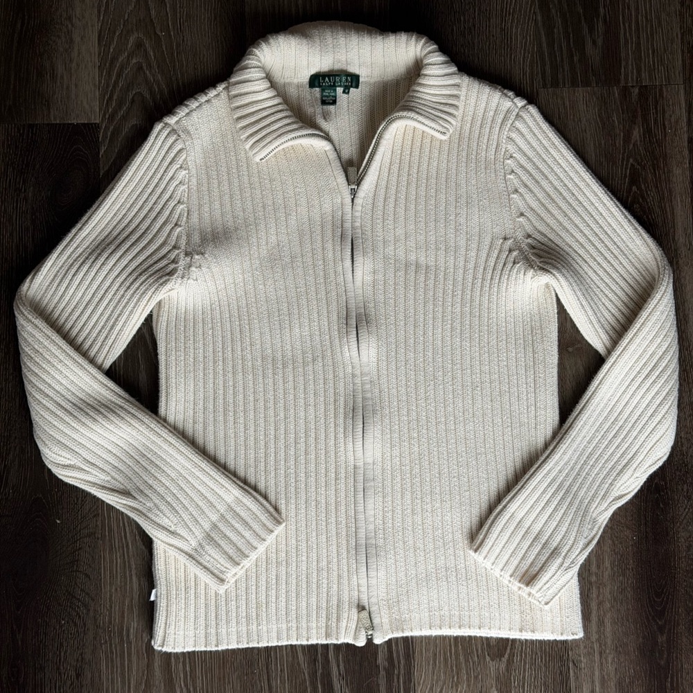 Lauren Ralph Lauren Cream Ribbed Zip-Front Sweater women’s size medium